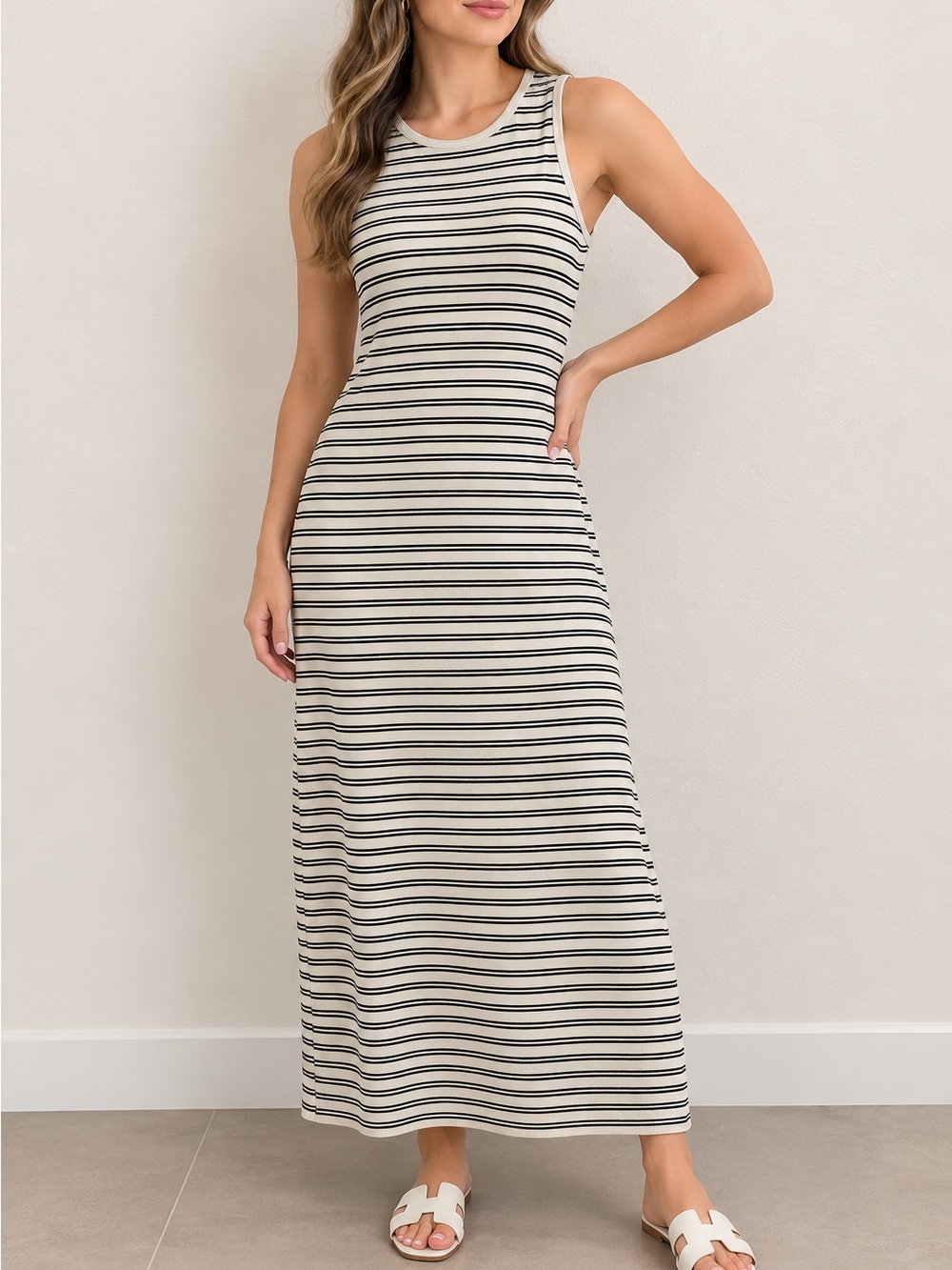 Sleeveless Striped Maxi Dress in Cream & Black